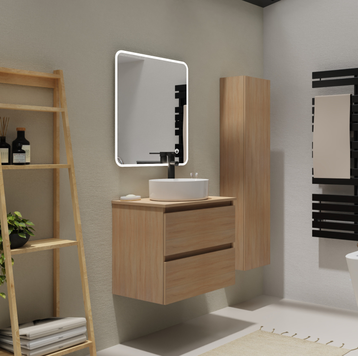 Meuble Salle De Bain 99cm Chêne Avec Vasque Céramique Et Miroir LED Dimmable - 3 Pièces