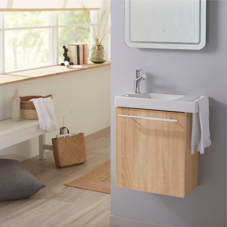 meuble lave mains bois chene avec lave mains porte serviette robinetterie eau froide